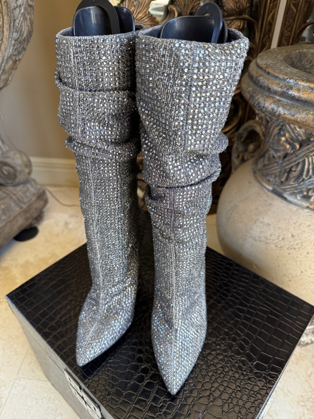 Women's Silver Rhinestone  Boots - Sparkling Pointed Toe - Picture 2 of 5
